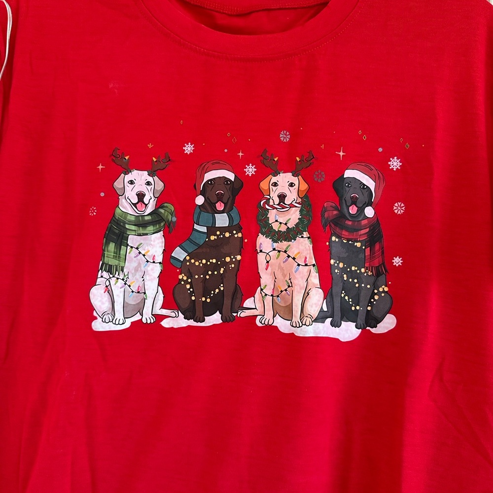 Festive Christmas Dog Print Red Short Sleeve T-Shirt - Picture 3 of 4